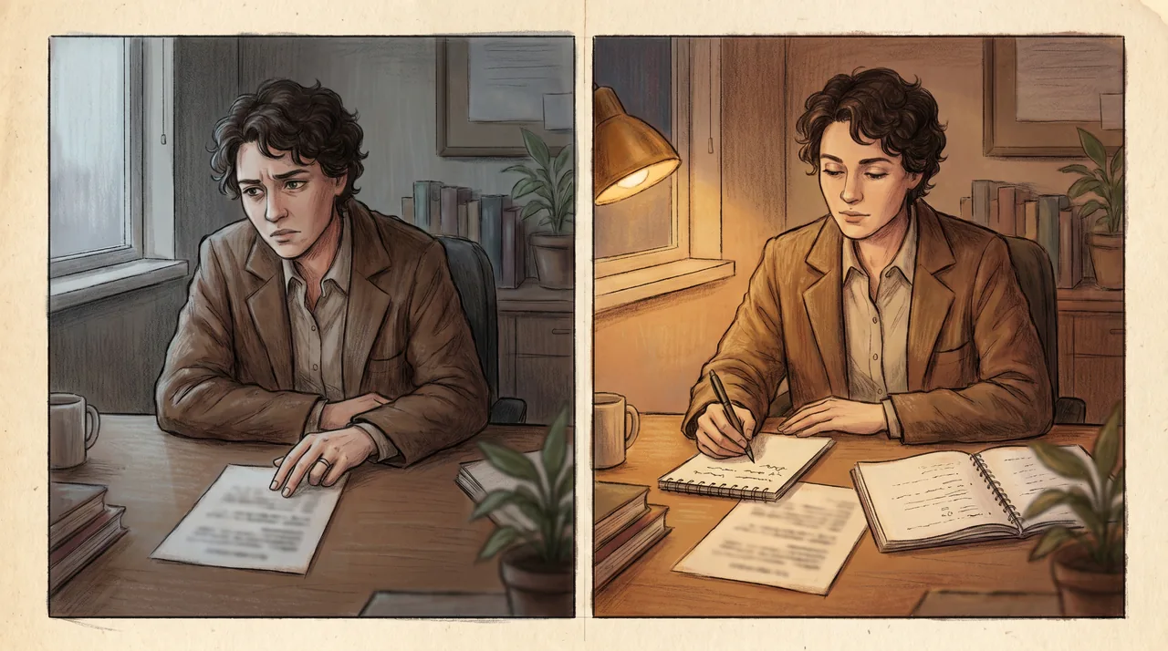 Left: a person reading an offer letter alone, the number circled, looking unsure. Right: the same person calm at the desk with a script open beside the letter, a higher number written in.